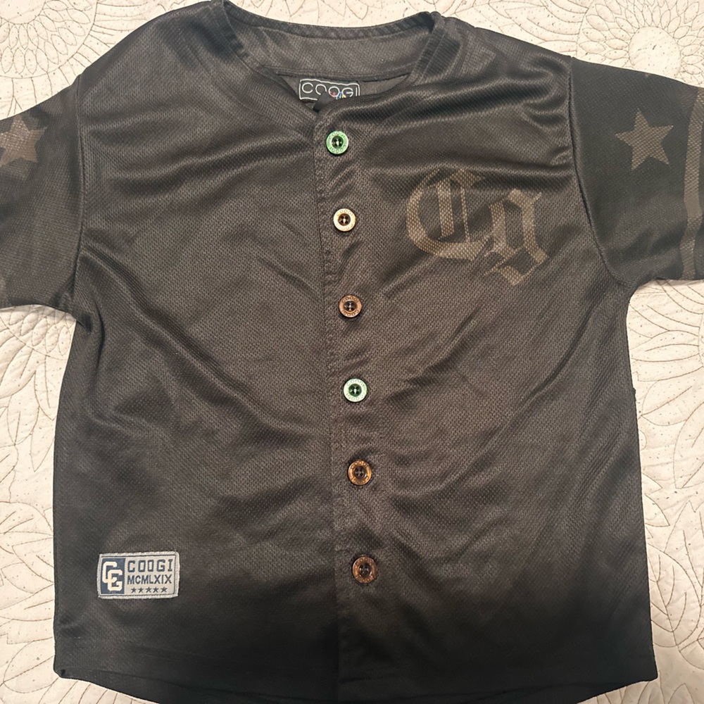 COOGI Kids Black Button Down Shirt with Brown and Green Accents